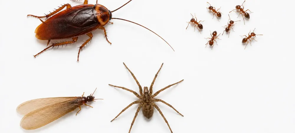 An image depicting a termite, cockroach, ants, and a spider