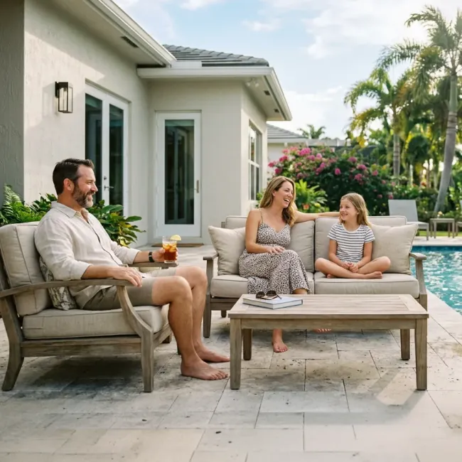 family on patio near pool enjoying mosquito free backyard