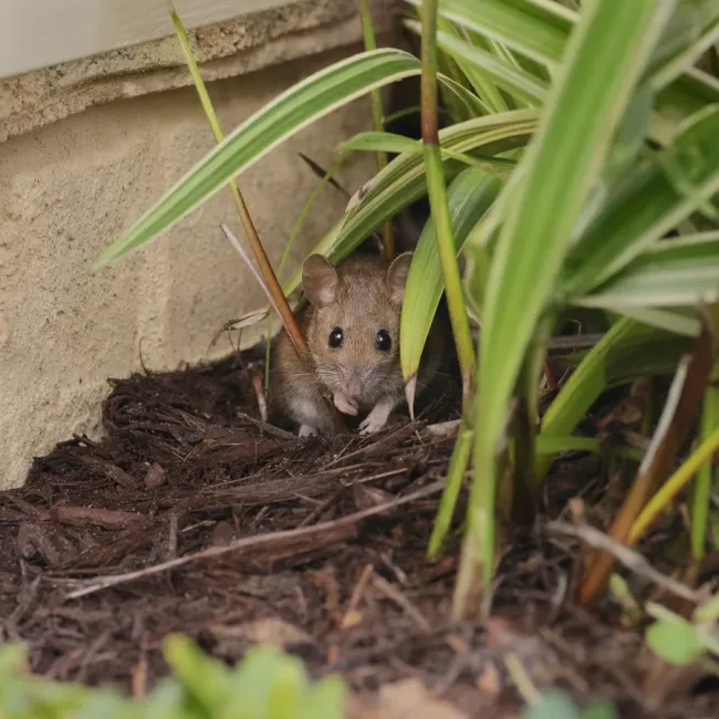 mouse under a plant next to a house