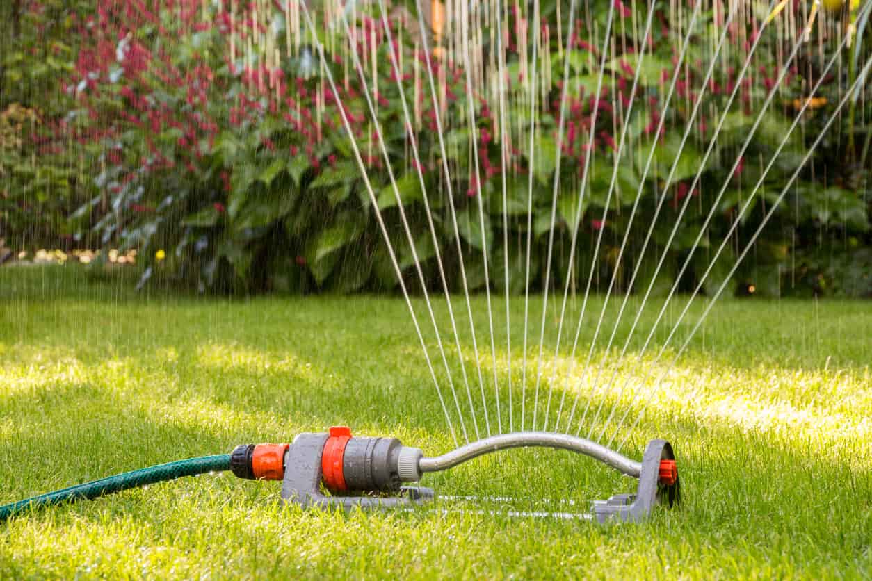 A sprinkler sprays water in an arch onto the grass.