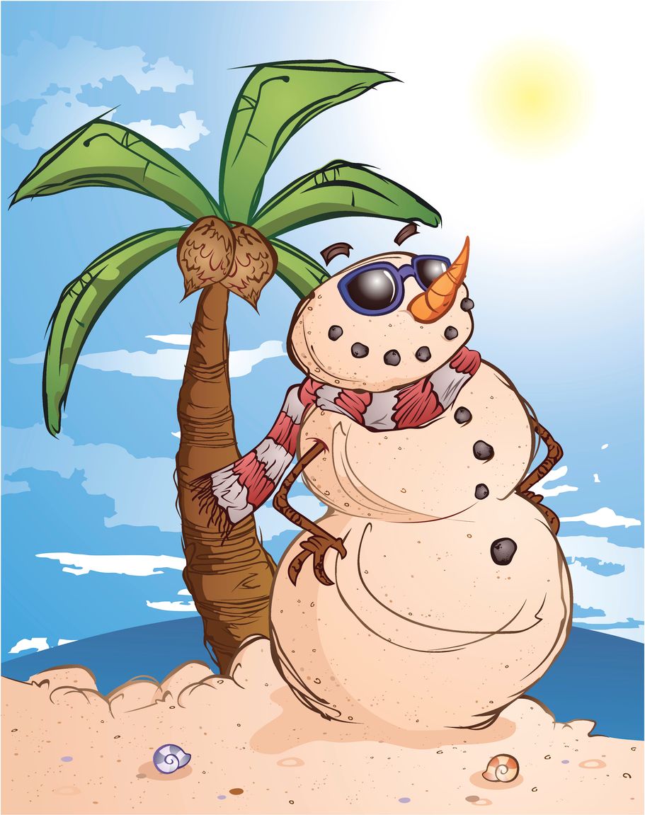 An animated snowman on a beach with palm trees in the sun.